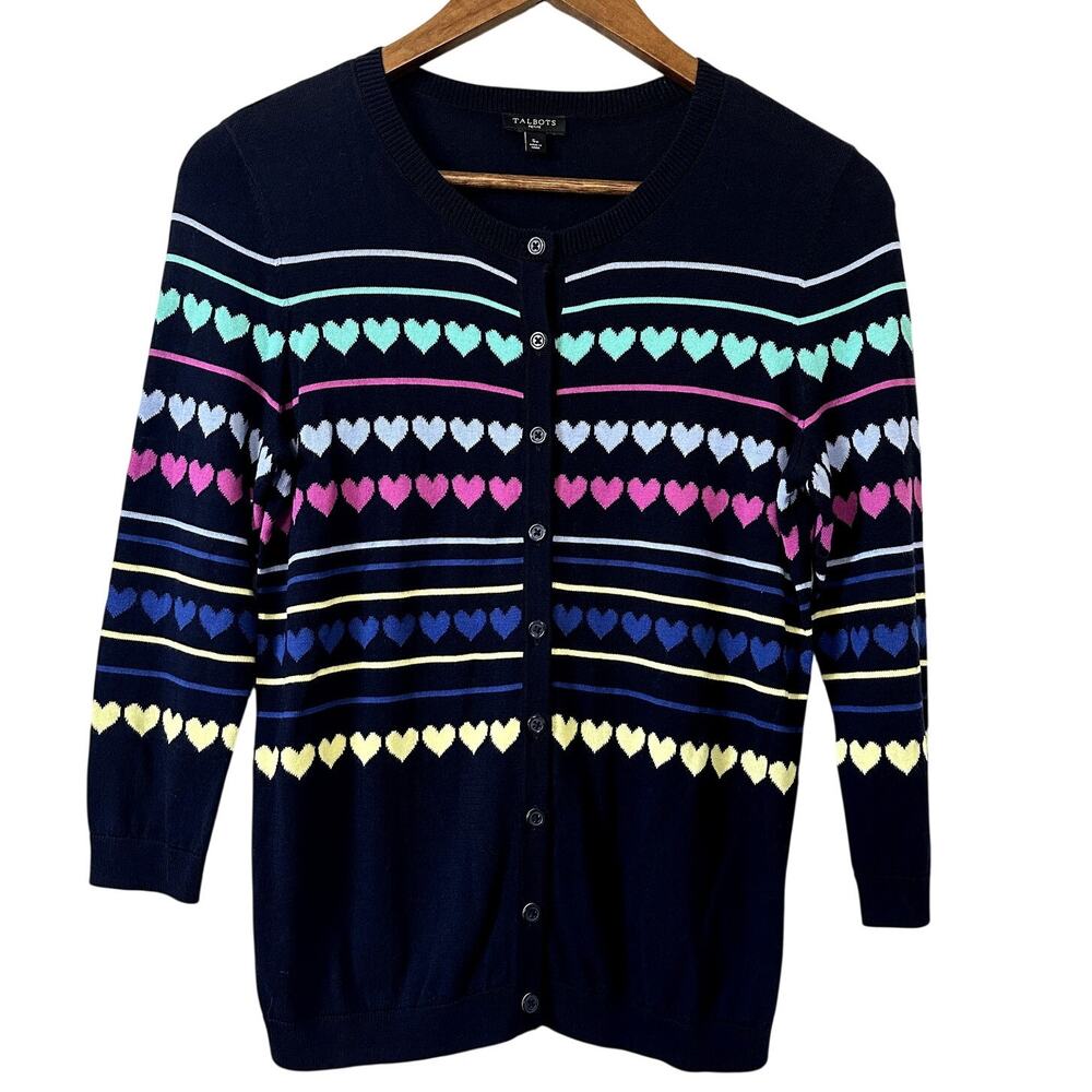 Talbots Valentine Heart Knit Cardigan Sweater 3/4 Sleeve Small Petite Navy‎ Blue